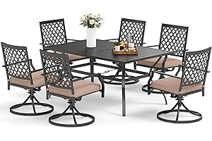 MFSTUDIO 7PCS Patio Dining Set, Large Rectangular Metal Top Table and 6 Swivel Chairs, Outdoor Metal Furniture Set with Umbrella Hole & Removable Cushions