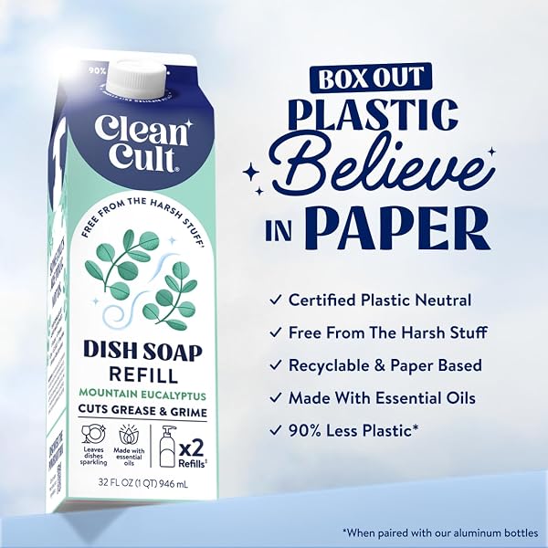 CLEANCULT DISH SOAP LIQUID REFILL (32OZ, 1 PACK) – PLANT BASED CLEANING POWER – DISH SOAP THAT CUTS GREASE & GRIME – FREE OF HARSH CHEMICALS – USES 90% LESS PLASTIC – MOUNTAIN EUCALYPTUS