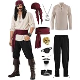 Vanderdyken 9 Pcs Pirate Costume Men Medieval Costume Renaissance Viking Outfit with Shirt Pant Accessories Set for Halloween