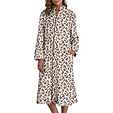 Ekouaer Women's Zip Up Robe Fleece Bathrobe Long Zipper Lounger Warm Housecoat Long Sleeve Nightgown with Pockets, Red Stars, Large