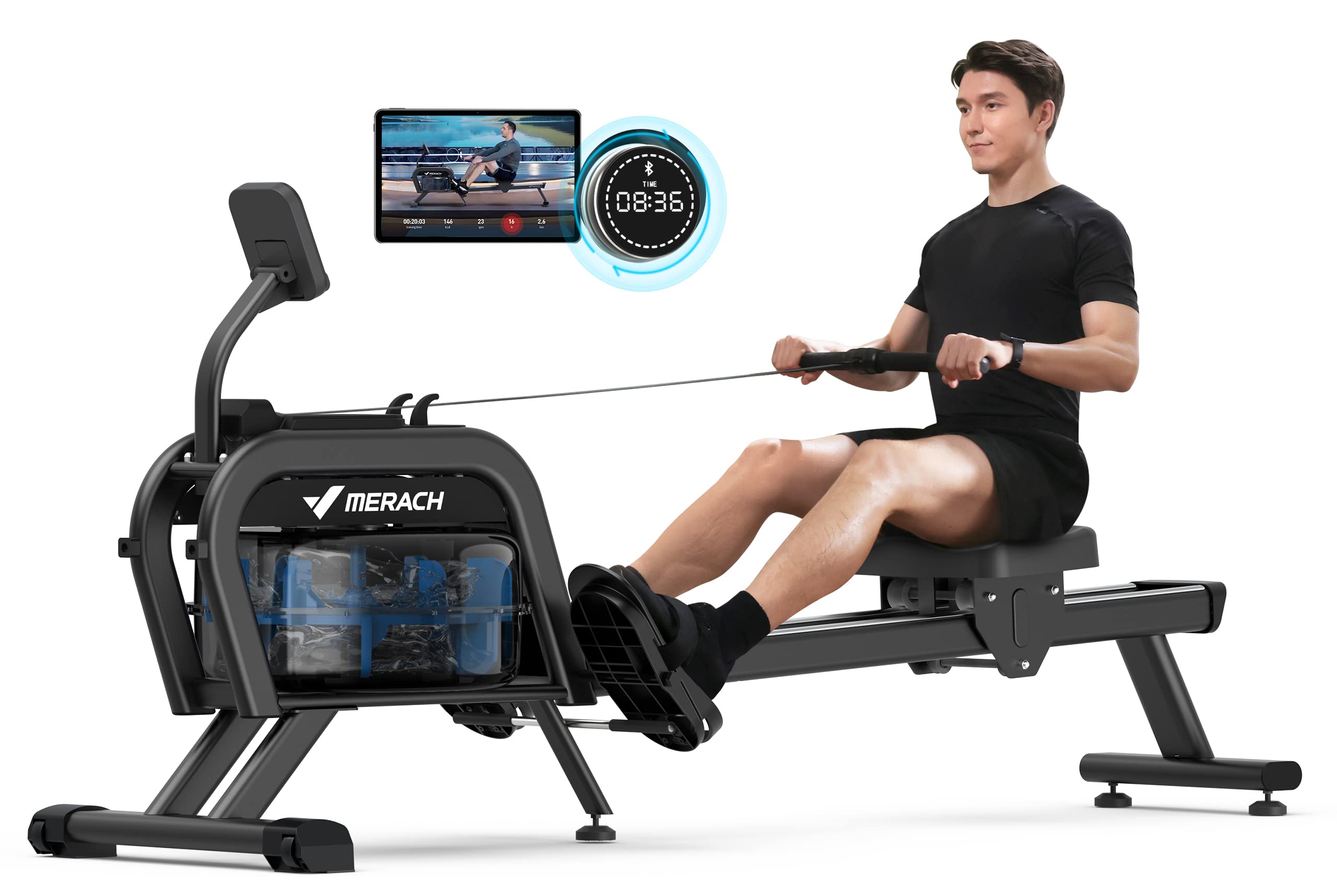 MERACH Rowing Machines for Home, Magnetic Rowing Machine with 16 Levels, Rower Machine of Quiet Resistance, Dual Slide Rail with Max 350lbs Weight Capacity, App Compatible