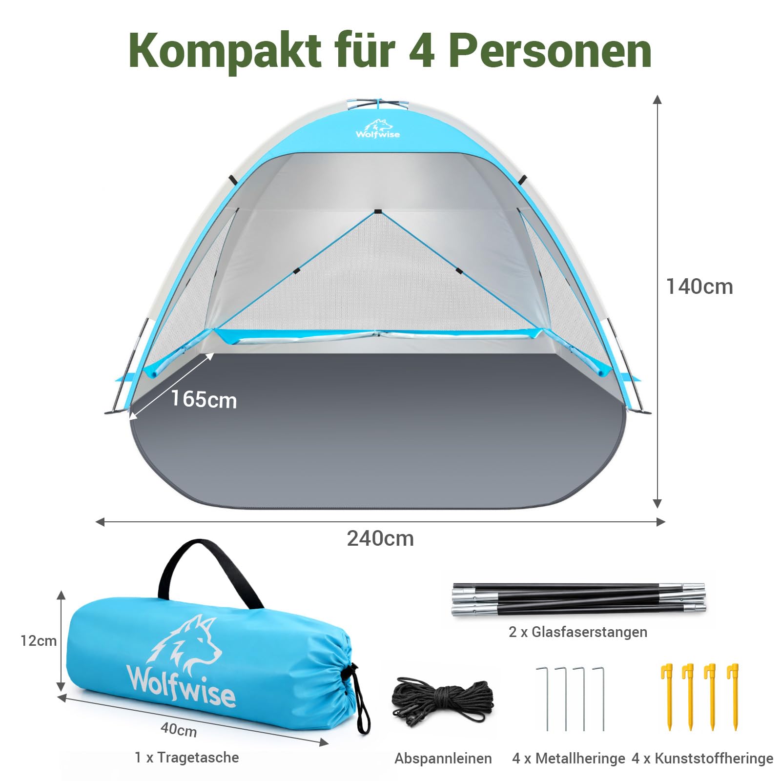 Wolfwise Strandmuschel UV Schutz, 3 Belüftungsfenster & Tragetasche, Strand Zelt mit erweiterbarem Boden für Privatsphäre, 4 Personen, 240x165x140cm(95 ''x65''x55''), Blau 6