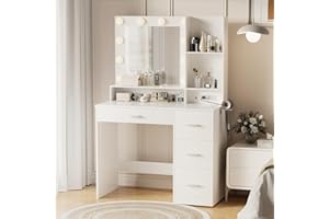 YESHOMY Vanity Desk with Mirror, Power Outlet and 10 Lights, Makeup Table with 4 Drawers, 3 Color Modes Available for Bedroom, White