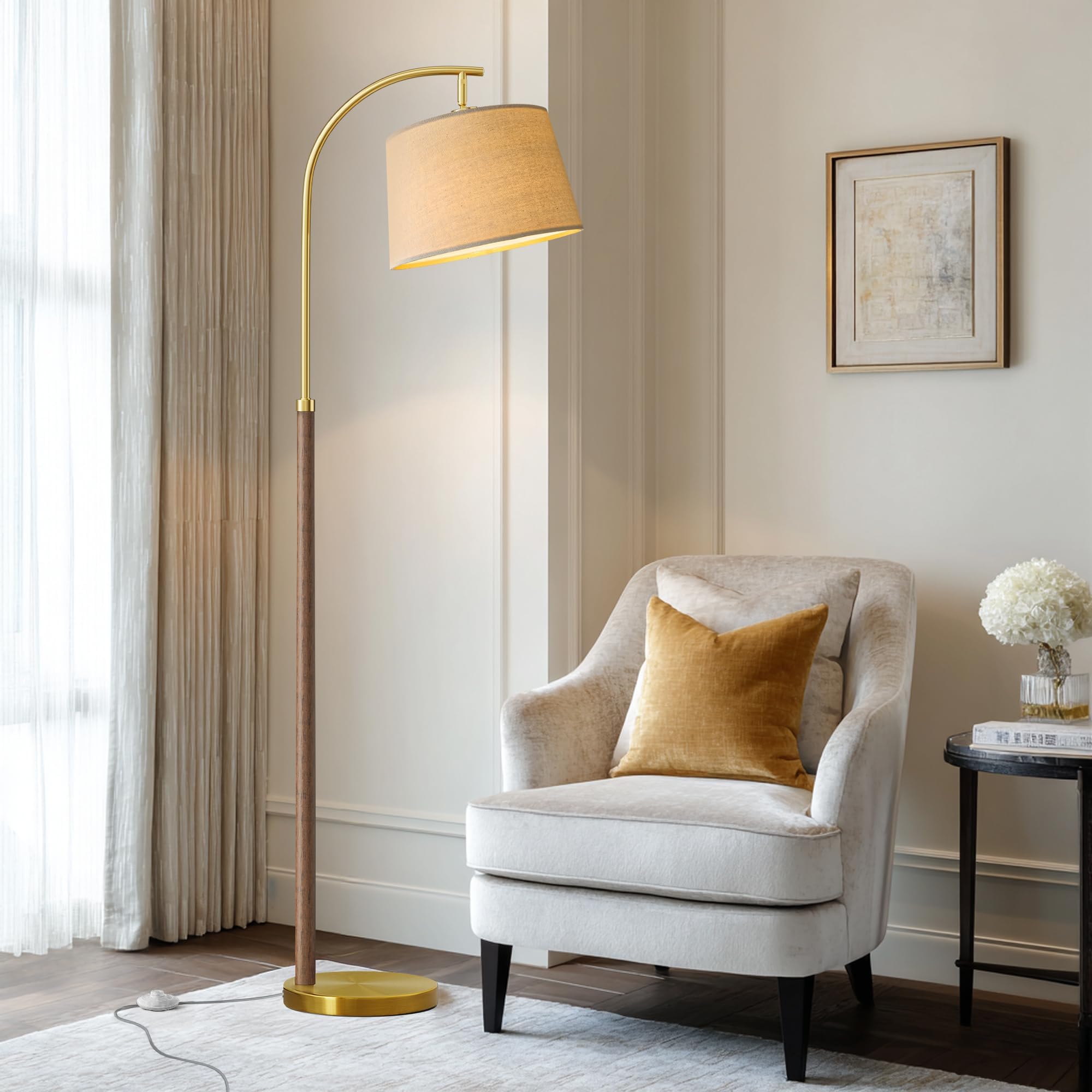 Photo 1 of G-SAFAVA 63" Wood Floor Lamps for Living Room with Foot Switch Arc Tall Standing Lamp for Bedroom Mid Century Modern Corner Gold Floor Lamps for Office Nursery Industrial Reading Lamp, Chestnut