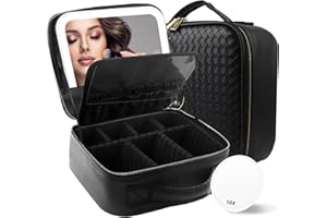 MOMIRA Travel Makeup Bag Cosmetic Bag Makeup Organizer Bag with Lighted Mirror, Adjustable Brightness in 3 Color Scenarios, Waterproof Makeup Train Case, Gift for Women - Woven black