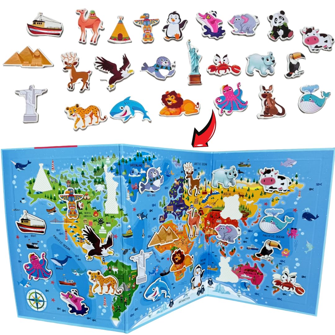 Fridge magnets for kids with world map, farm animals, wild animals, transport vehicles, sea animals of the world, Learning Resources, Educational Toys, Toys for 3 year old, fridge magnets for kids