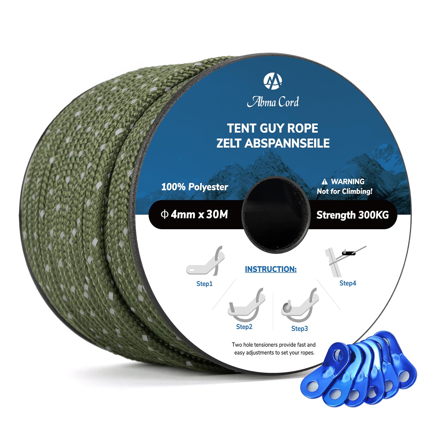 Abma Cord Tent Guy Ropes 4mm 30M Guy Line 6 Pcs Guy Rope Tensioners Heavy Duty Guide Rope for Camping, Gazebos, Awning, Tarp - Reflective Army Green