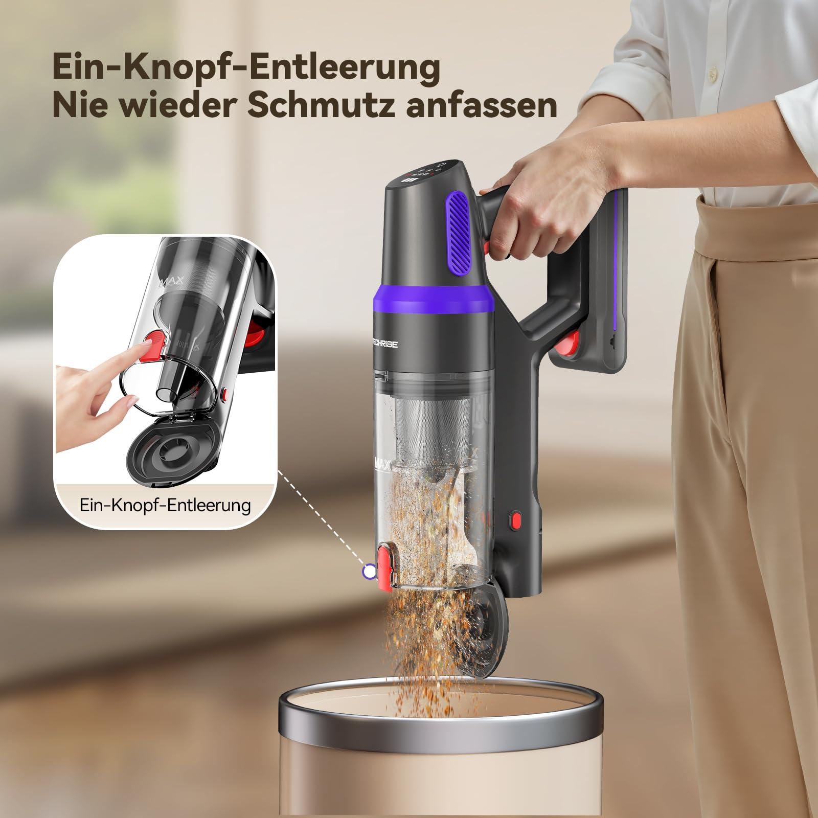 TechRise Akku Staubsauger 45000Pa/500W/60Min, Anti-Tangle-Bürste & 8-in-1-Funktion (Selbststehend) Staubsauger Kabellos mit Display, Stielstaubsauger für Zuhause, Tierhaare/Teppiche/Hartböden 4