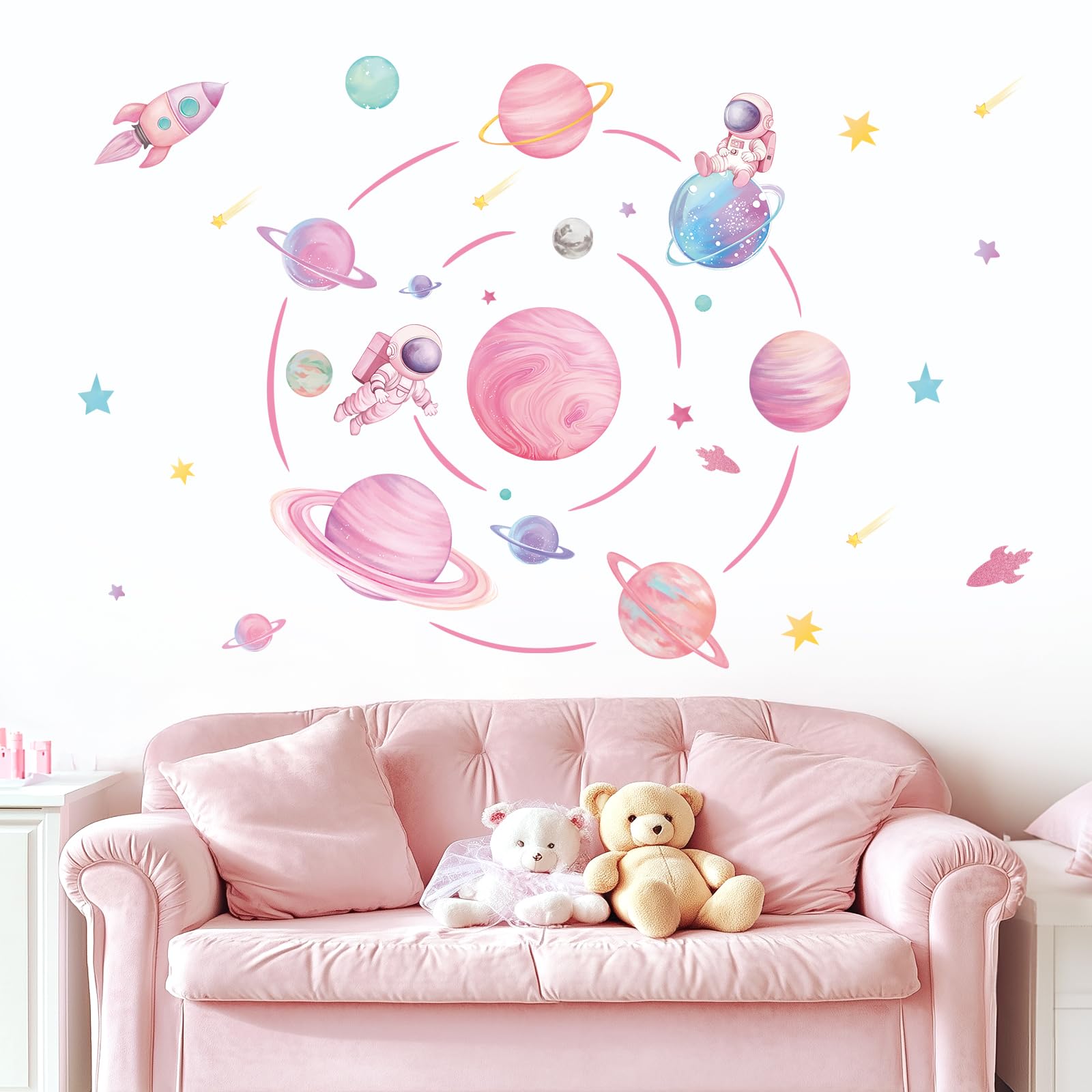 FUFUQUARE Pink Solar System Wall Decals Cartoon Space Planet Astronaut Wall Stickers Removable Peel and Stick for Baby Girls Nursery Bedroom Living Room Playroom