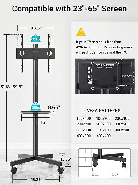 BONTEC MOBILE TV STAND FOR 23-65 INCH TVS, ROLLING TV STAND WITH LOCKING WHEELS, ADJUSTABLE HEIGHT, MEDIA SHELF, OUTDOOR TV STAND MAX VESA 400X400MM, HOLDS UP TO 88LBS