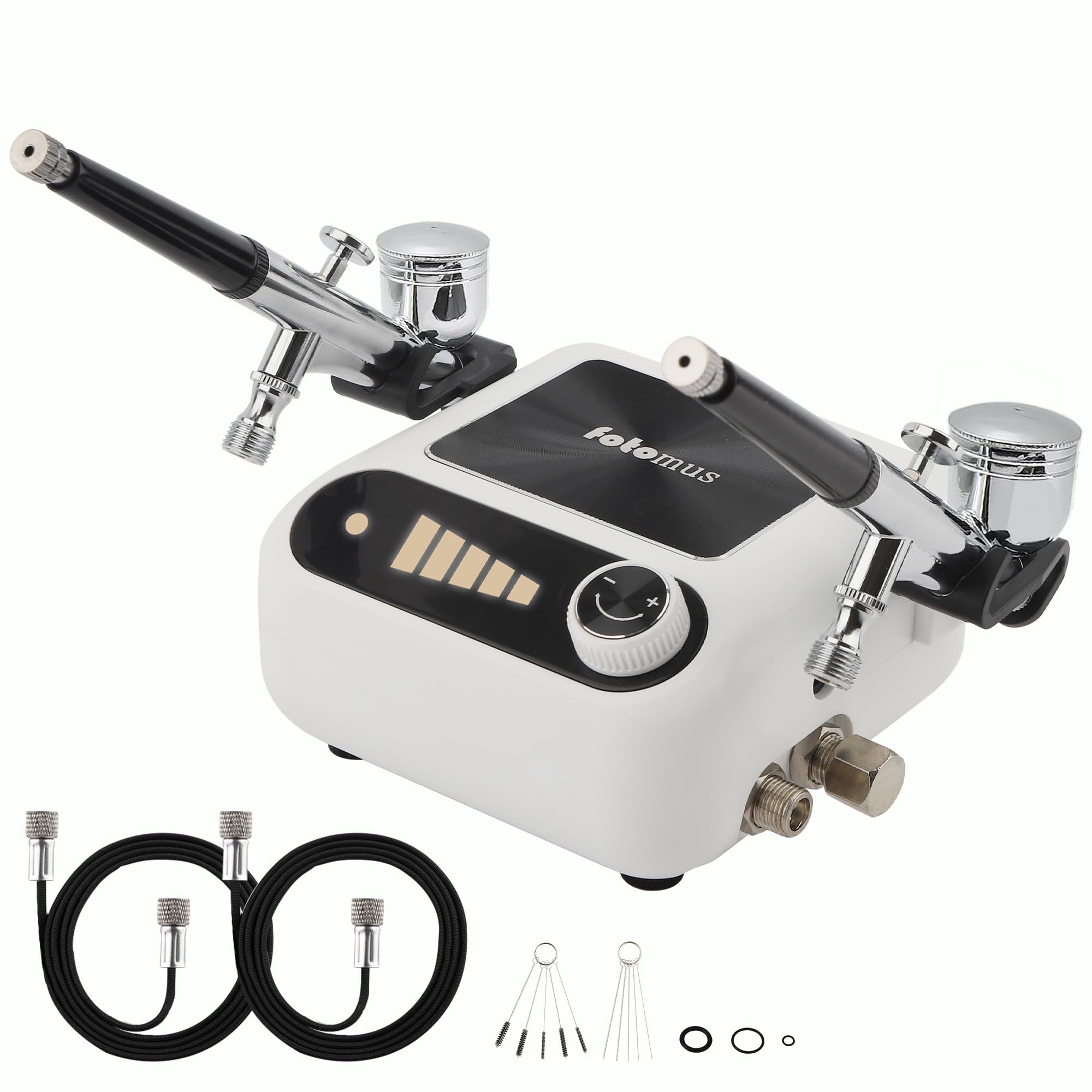 【2本ハンドピース付き】エアブラシ ミニコンプレッサー セット 0.3mm+0.5mm口径 41PSI 2つエアー吐出口 2本ハンドピース同時接続可 オートスイッチ搭載 小型 軽量 塗装 スプレー ホビー プラモデル 模型 の商品画像