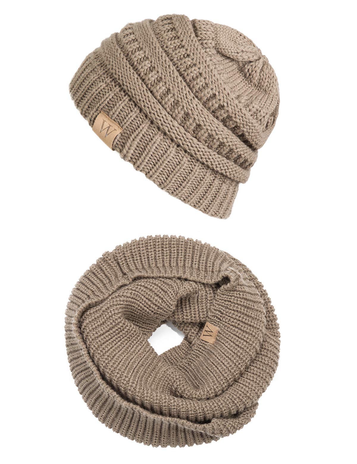 EVRFELAN Winter Warm Knitted Infinity Scarf and Beanie Hat Set ( Chocolate)