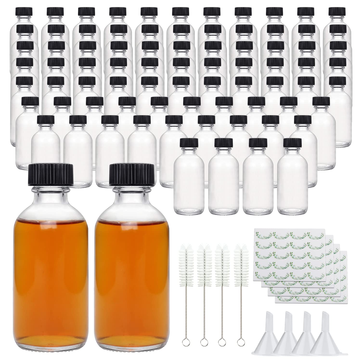 Small Clear Glass Bottles with Lids, 2 oz Glass Containers with Labels, Funnels and Brushes, Round Sample Bottles for Juice, Oils, Ginger Shots, Whiskey, Liquids, 80 Pack