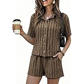 FULFIDREAM 2 Piece Sets for Women Summer Knit Short Sets Striped Button Up Shirt and Shorts Lounge Casual Travel Outfit