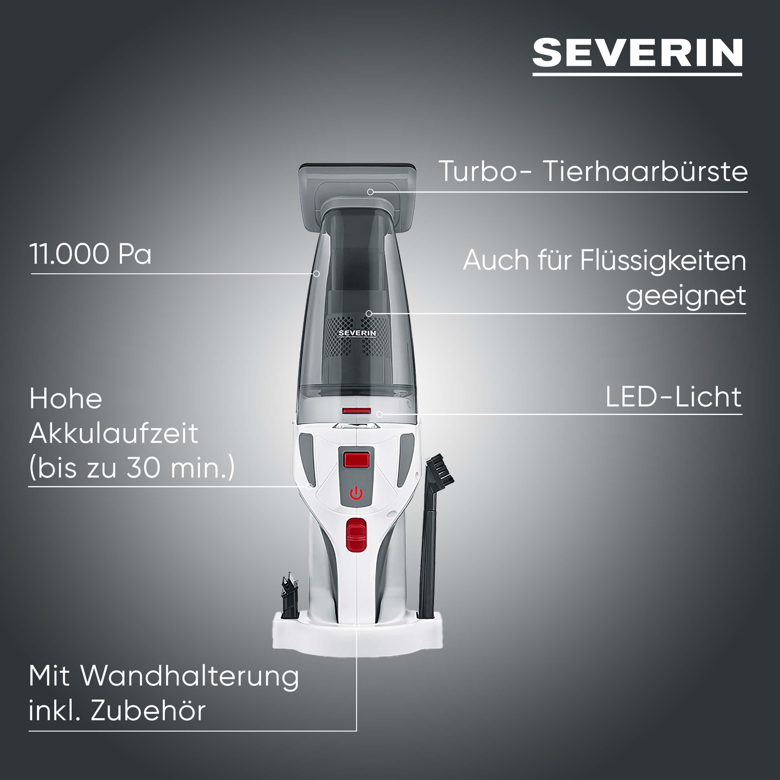 Severin 4-in-1 Akku-Handstaubsauger, kabelloser Nass- & Trockensauger für Autositze, Handsauger für Tierhaare & Flüssigkeiten, bis zu 30 Min Laufzeit im Eco-Mode, weiß-graurot, HV 7146 2