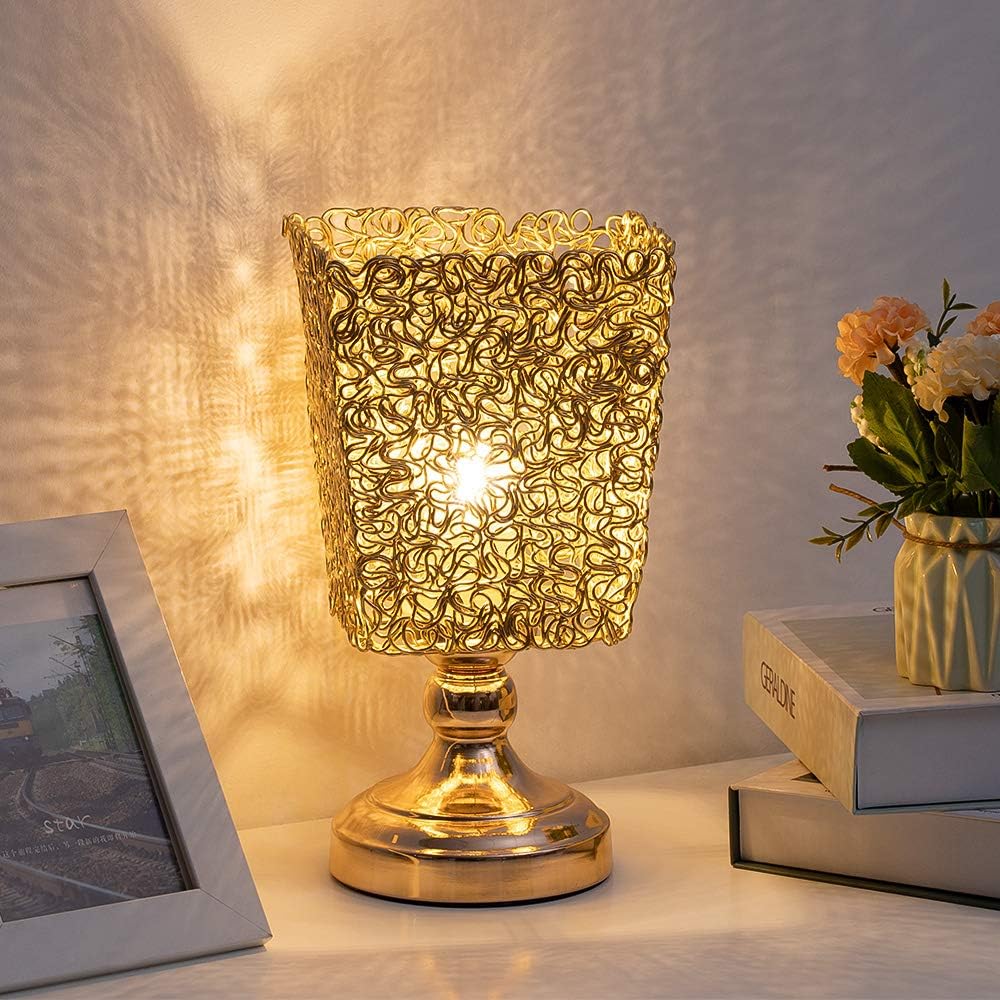 HAITRAL Small Table Lamp - Luxury Bedside Desk Lamp, Nightstand Lamp with Metal Wiring Lampshade- Give Off Enough Light, Perfect for Bedroom,Living Room,Office, College Dorm- Gold (HT-TH125-16)