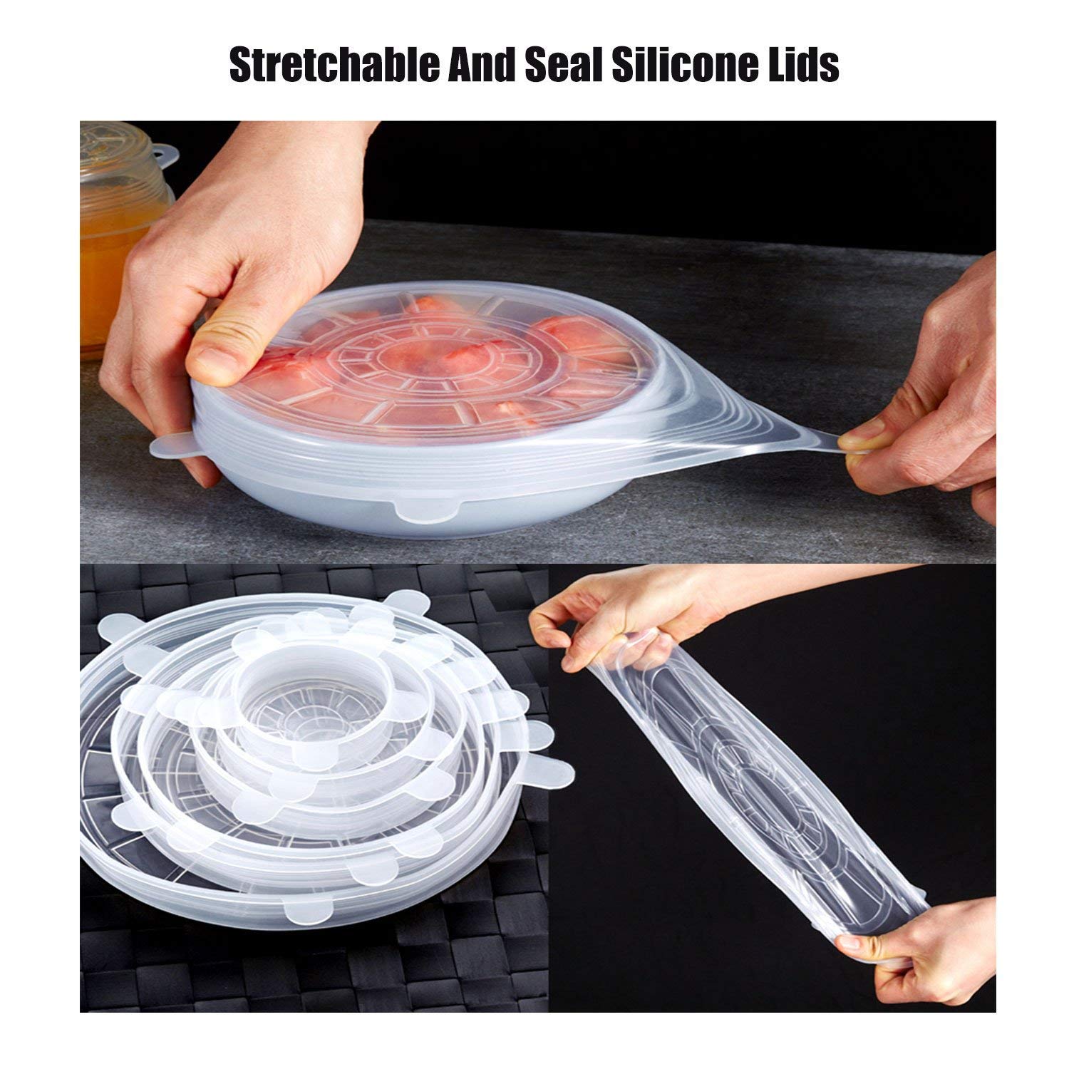 Silicone Stretch Lids - Set of 12 Reusable Clear Food Covers - Stretch Each Lid to Cover Your Bowls, Cups, Plates, Containers, Tupperware, Pyrex - Microwave, Dishwasher Safe