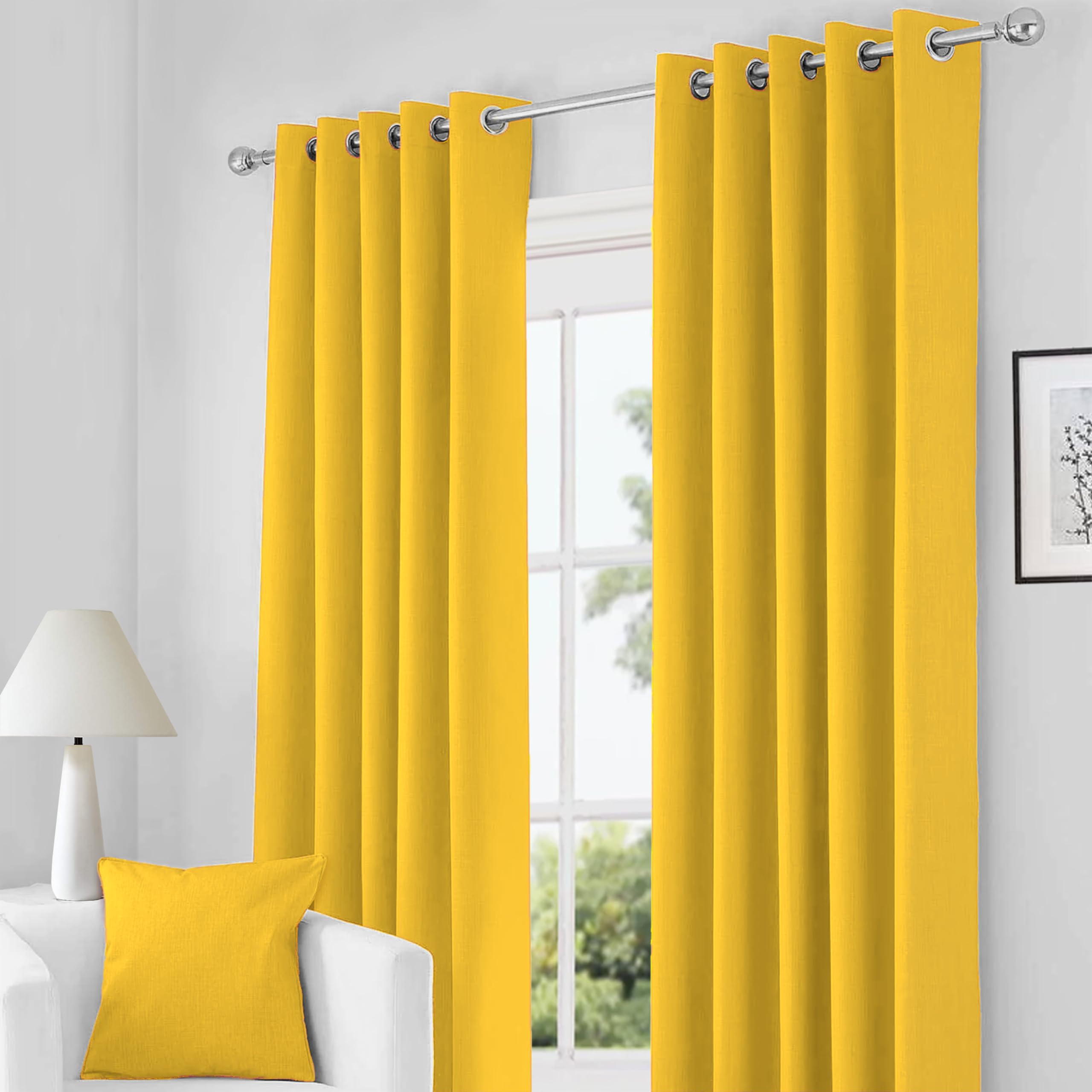 RayyanLinen Readymade Blackout Thermal Eyelet Ring Top Pair of Curtains Including 2 free Tiebacks (OCHRE YELLOW, Width 66" x Drop 54")