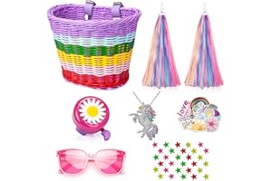 Suerico Kids Handlebar Bicycle Basket for Girls With Unicorn Necklace, Bell, Streamers, Wheel Bead, Sunglasses, Stickers - Bike Decoration Accessories Set
