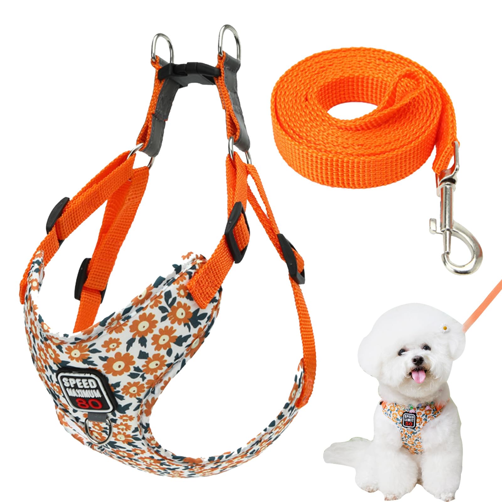 FOSDICK Dog Harness and Lead Set, Step-in Adjustable Puppy Harness, Soft and Breathable Dog Harnesses, No Pull Dogs harness for Small Medium Dogs, Cats, Puppies, Orange Flower, L