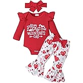 Noubeau My First Valentines Outfits Newborn Baby Girl Outfits Long Sleeve Ribbed Romper Heart Flare Pant Headband 3Pcs