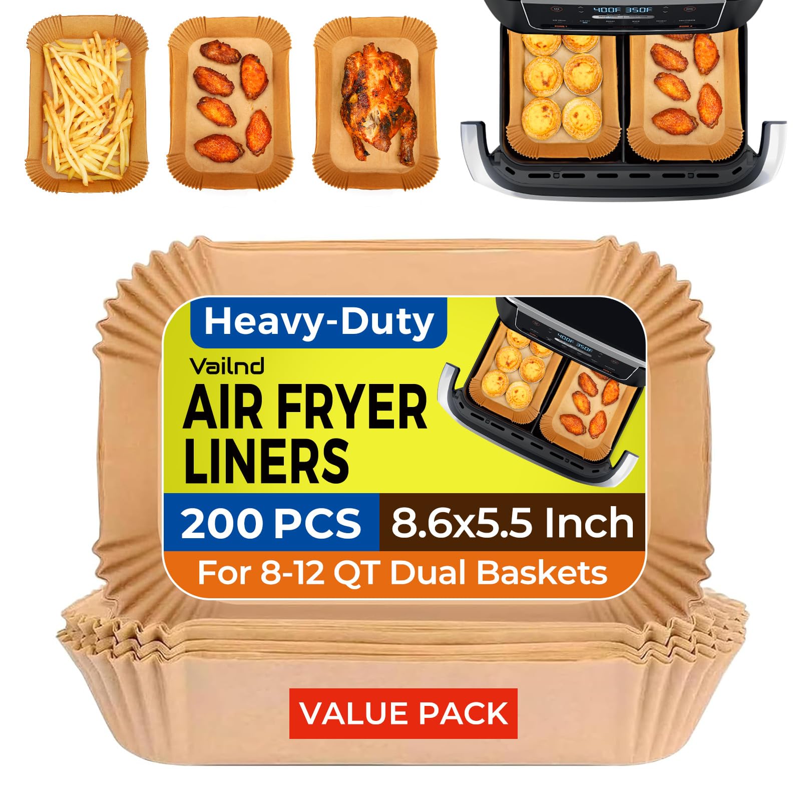 Photo 1 of Air Fryer Liners Disposable for Dual Basket, 200Pcs Rectangle Parchment Paper Liner for Ninja DZ201 DZ401, Chefman/COSORI 2-Basket Air Fryer, Oil Proof Baking Paper by Vailnd(8.6x5.5 Inch)