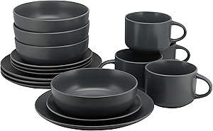 10 Strawberry Street Wazee Matte 16 Pc, Charcoal Gray Coupe Dinnerware Set