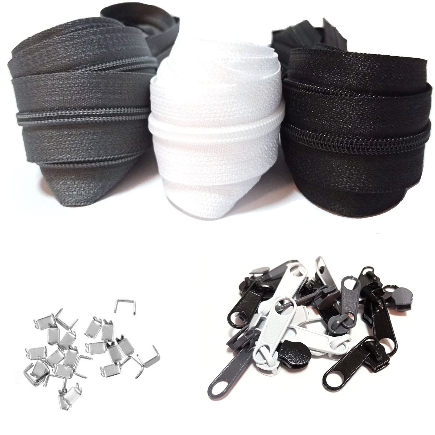 Zip Endless 5 mm 9 m Nylon Continuous Zip 3 Colours with 15 Sliders and 30 End Pieces Spiral Sold by the Metre Separable 3 cm Wide for Clothing Bag Luggage Bed Cover Tent