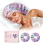 LitBear Silk Satin Bonnet for Sleeping Women, Adjustable Double Layer Hair Bonnet with Scrunchies for Curly Natural Hair, Non Slip Softer Night Sleep Cap