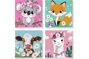 QENSPE 4 Pack Paint by Numbers Kit for Kids with Frame, Cartoon Animals Kid Paint by Number Ages 4-8-12, DIY Cute Koala Fox C