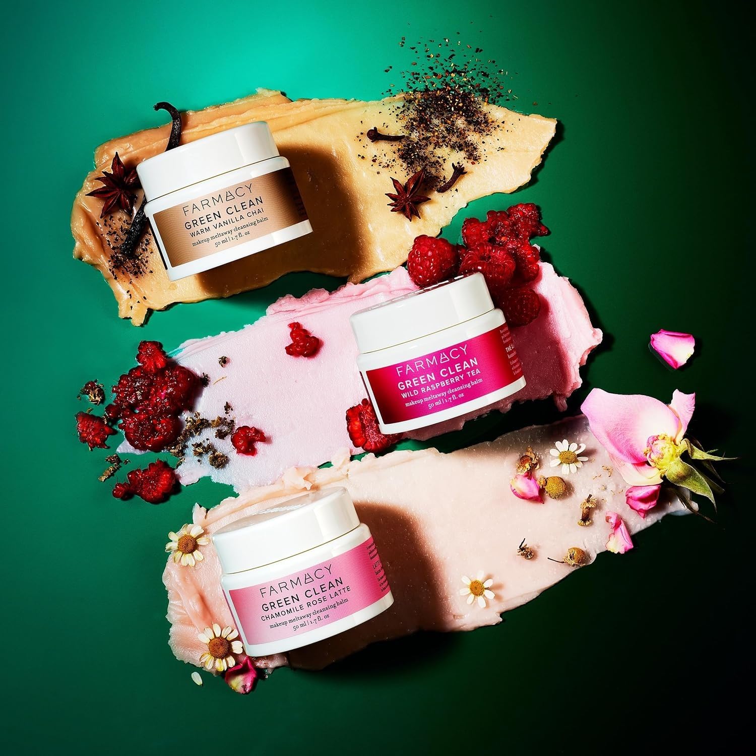 Farmacy Cleansing Balm Skin Care Set - Tea Harvest Travel Size Makeup Remover - Limited Edition Skincare Set Includes Warm Vanilla Chai, Wild Raspberry Tea + Chamomile Rose Latte (3 Count)