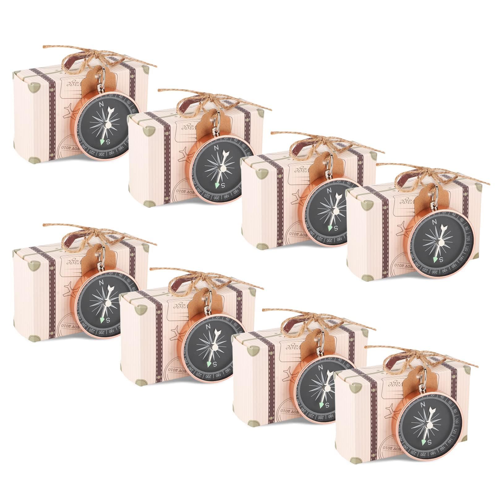 Mini Suitcase Favor Box with Compass,20Pcs Travel Themed Candy Boxes,Mini Suitcase Vintage Kraft Wedding Favours Boxes with Tags and Burlap Twine Candy Box for Wedding Bridal Christmas