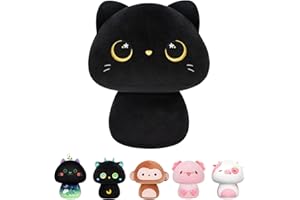 Mewaii 8Inch Mushroom Plush, Cute Black Cat Plush Pillow Soft Plushies Squishy Pillow, Black Cat Stuffed Animals Kawaii Plush Toys Decoration Gift for Girls Boys