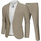 Hihawk Men 2 Piece Regular Fit Linen Suit, Casual Blazer Pants Set, Lightweight Jacket Trouser for Wedding Prom