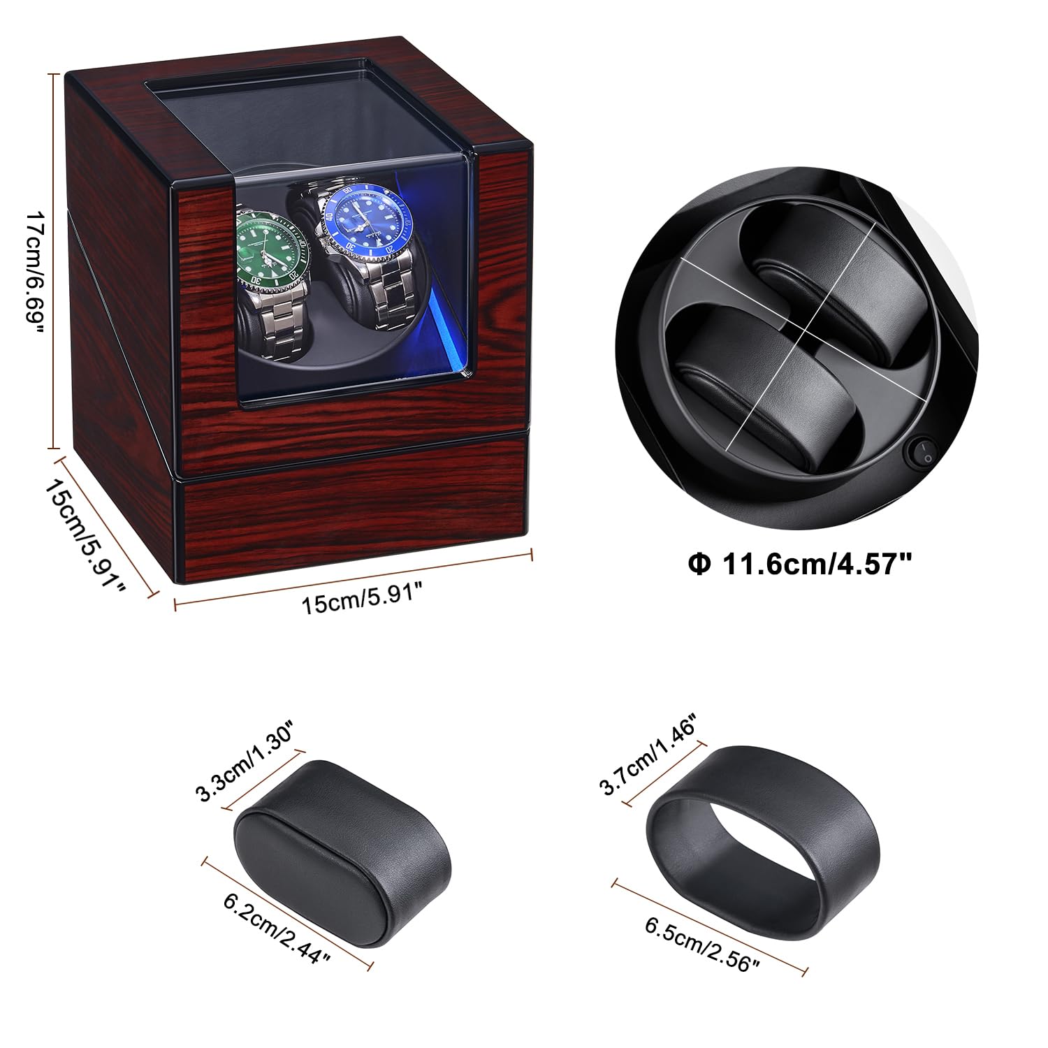 ANWBROAD ANWBROAD Watch Winder for Automatic Watches Double with Super Quiet Motor Flexible Watch Pillows LED Backlight Wooden 5 Modes Battery or Type-C Adapter UJWW001Y