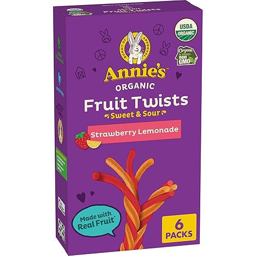 Annie's Organic Sweet and Sour Fruit Twists, Strawberry Lemonade Fruit Flavored Snacks, 6 Count, 3.84 oz