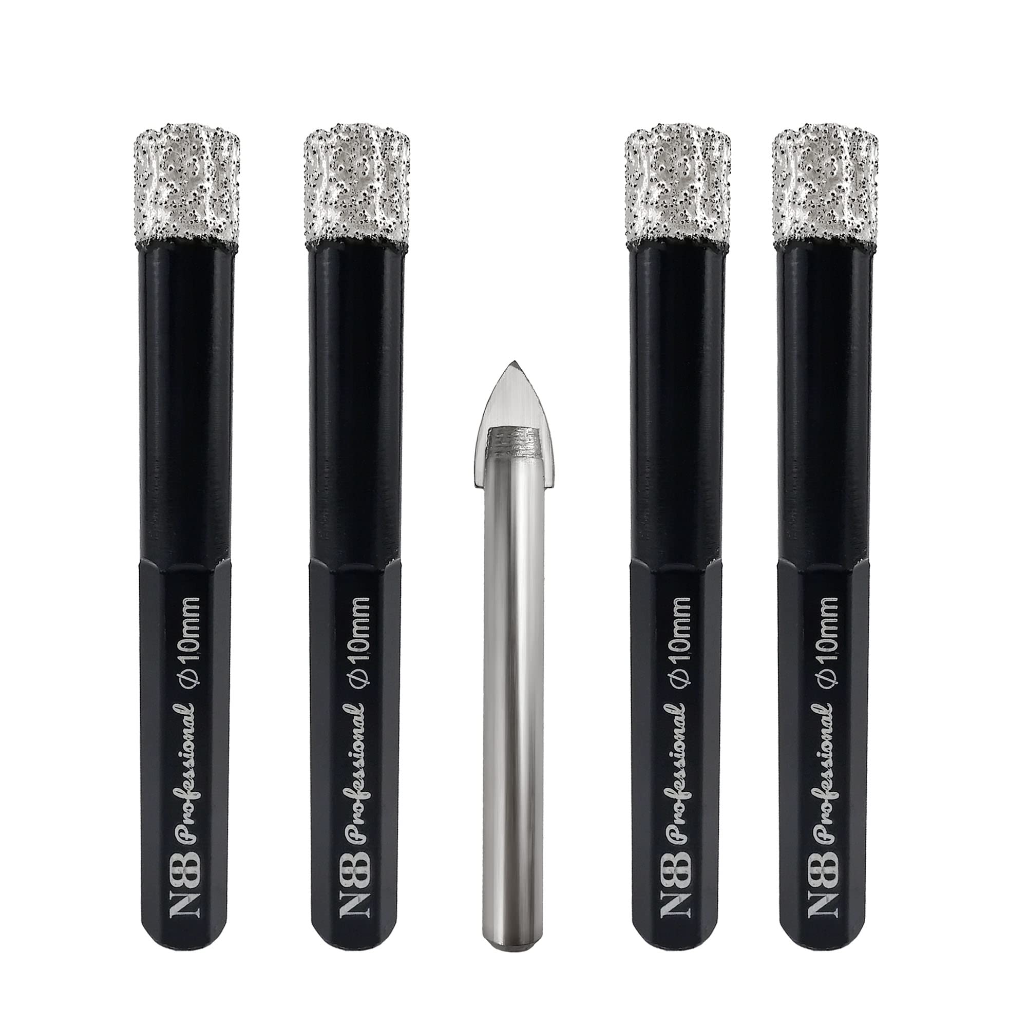 NBB Brazed Diamond Drill Bits with hex shank, for Dry drilling on hard Porcelain, Ceramic, Tile, Granite, Marble, extra life in wet, used on cord or cordless pistol drill(10mmx4pcs + 1pc Tile Drill)