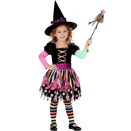 Aleshime Girls Miss Matched Witch Csotume Halloween Fancy Dress Outfit, Child Girls Colorful Rainbow Halloween Witch Costume (8-10 Years)