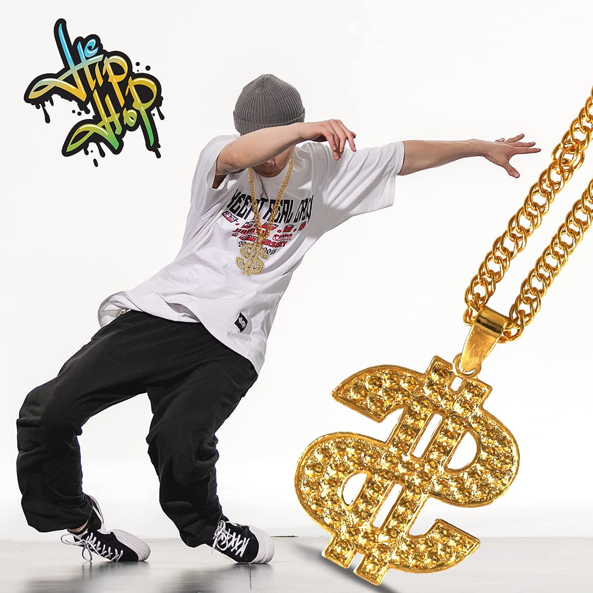 PinCute 18K Gold Plated Dollar Chain Necklace, Fake Gold Chain for Men, Dollar Sign Hip Hop Chain Necklace Pendant for Men and Women