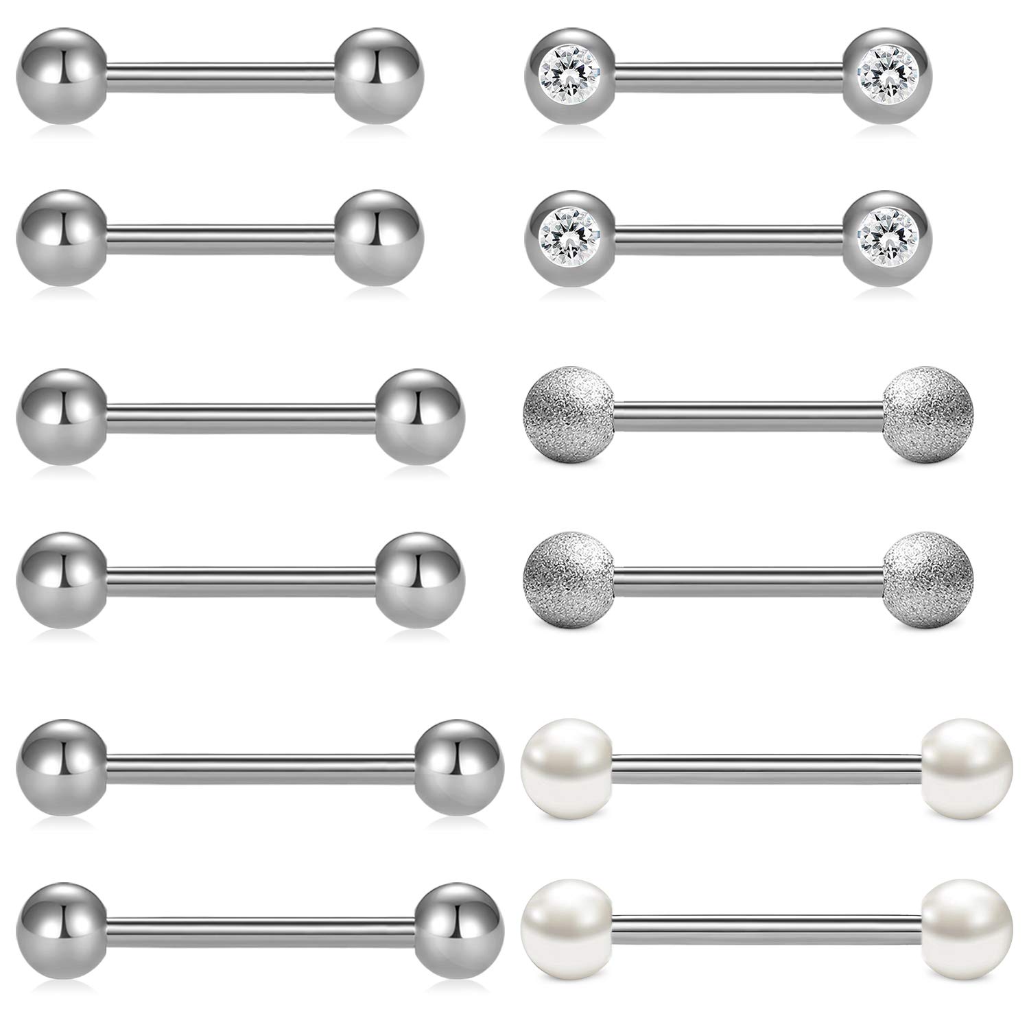 Crdifu 14G Tongue Nipple Bars Ring Set 12/14/16/18mm Stainless Steel straight Barbell Piercing Jewellery