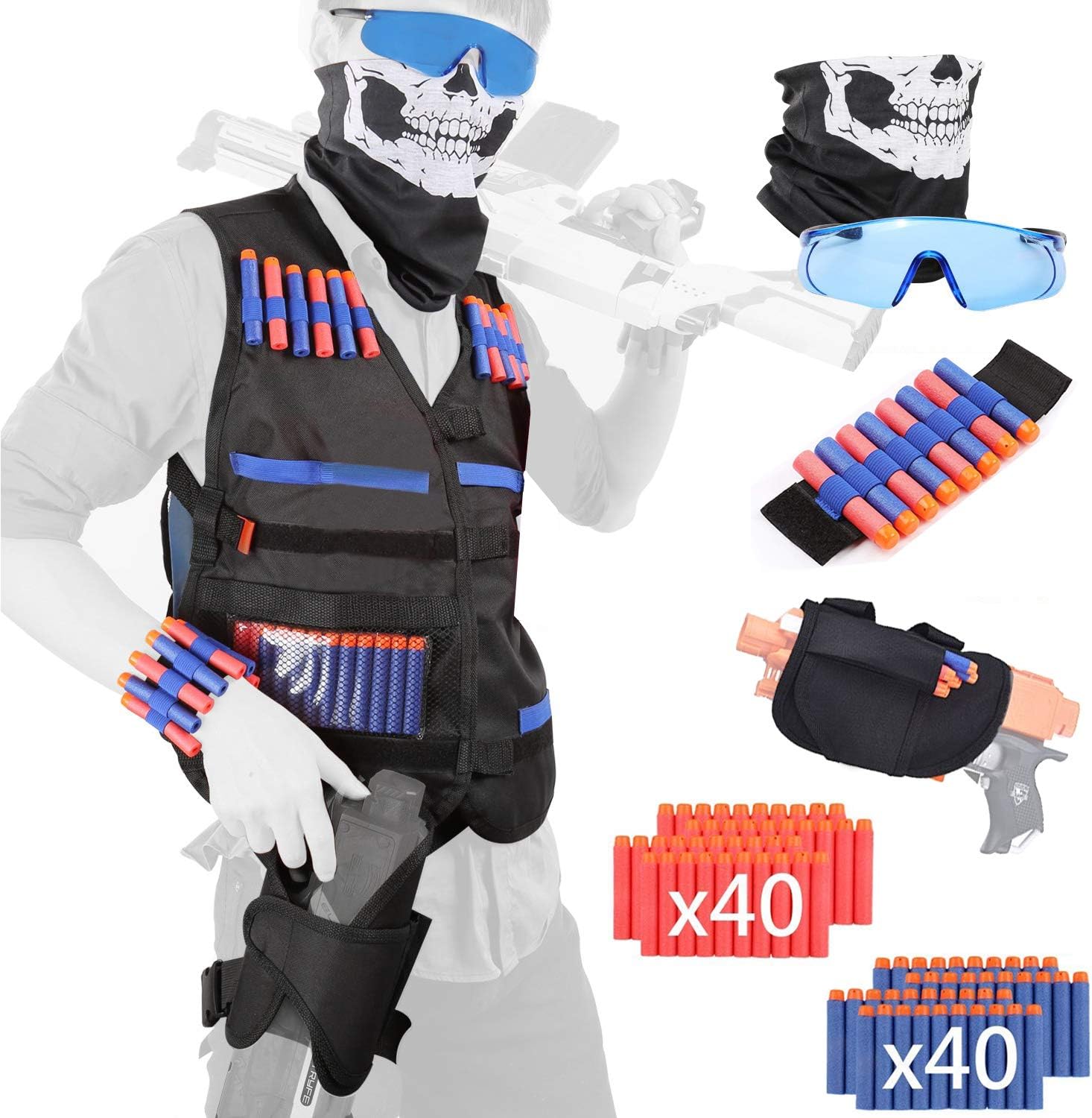 ShineMore Kids Tactical Vest Kit, Tactical Vest Kit for Nerf Gun N-Strike Elite Series, with 80x Darts Bullets, 1x Waist Pack, 1x 8-Dart Wrist Band, Face Mark & Goggle