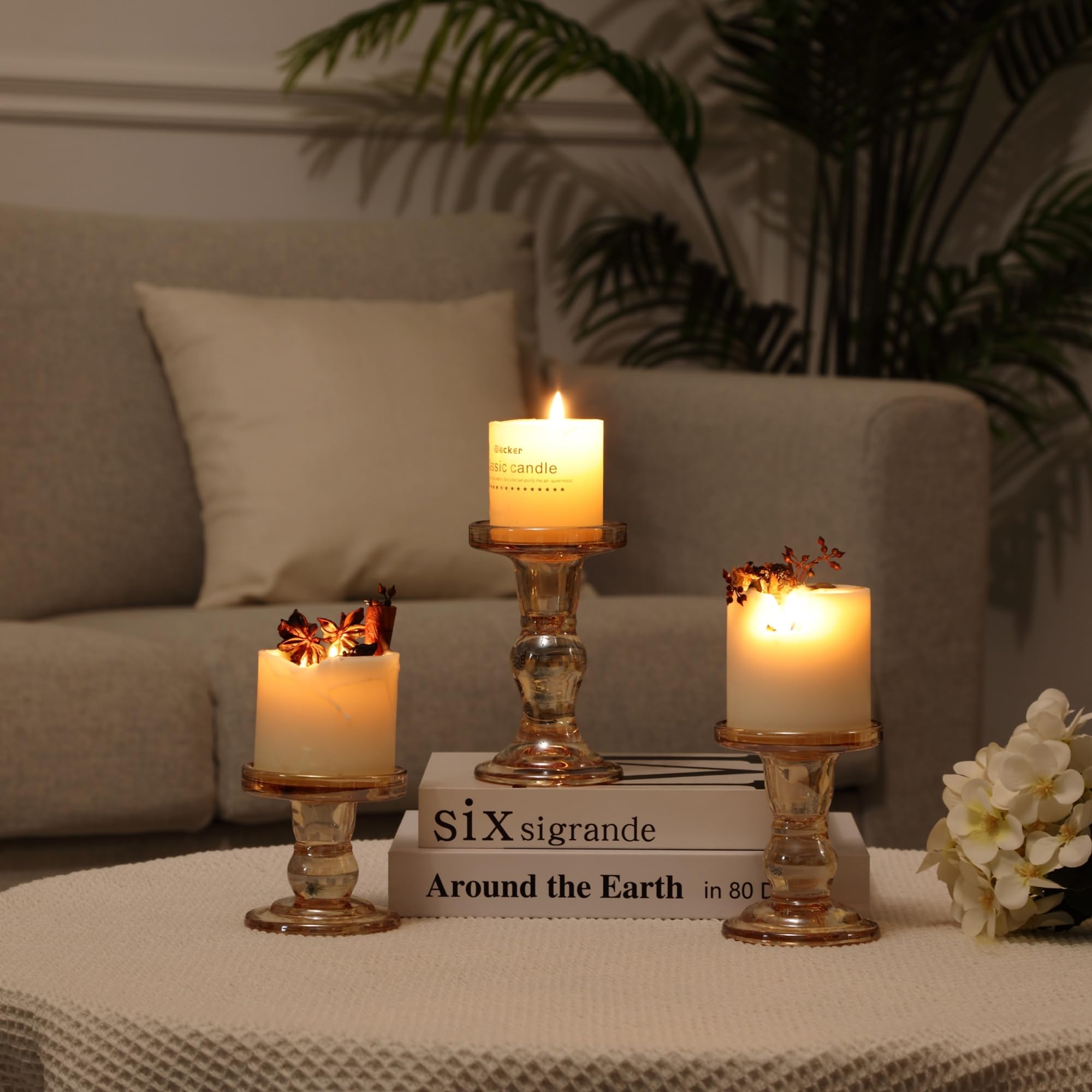 Amber Glass Candle Holder Set, QENUIITEA Set of 3 Clear Candlesticks Holders Pillar Taper Candles Tea Light Stand for Centerpieces Church Wedding Party Home Decor Dining Table