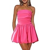 MTGGD Women's Strapless Bubble Mini Dress Tube Top Ruched Bow Tie Back Party Cocktail Dresses