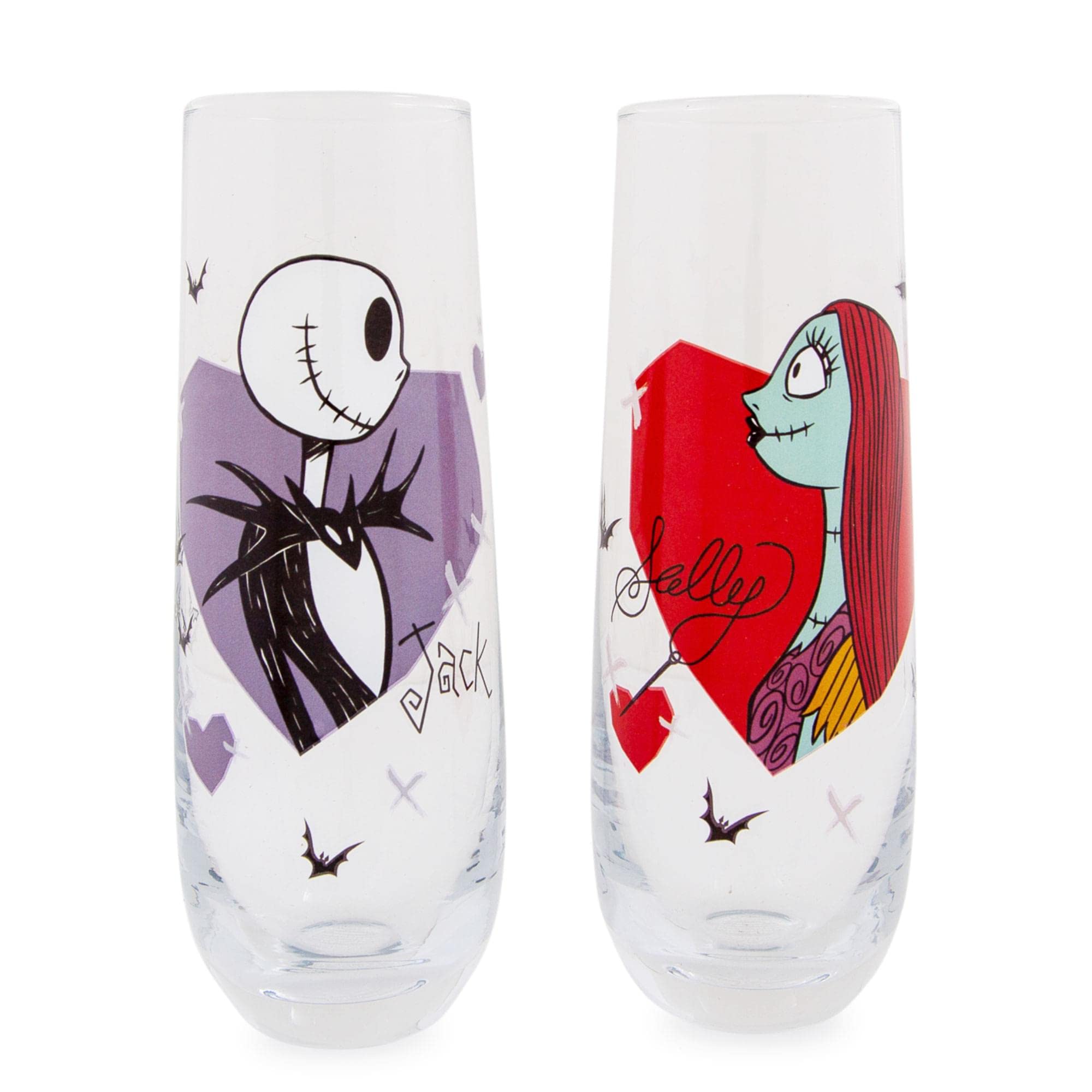 Disney The Nightmare Before Christmas Jack and Sally 9-Ounce Stemless Fluted Glassware, Set of 2 | Toasting Champagne Glass Cups for Wine, Mimosas, Cocktails | Home Bar & Kitchen Essentials