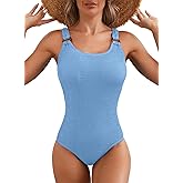 Herseas Women's One Piece Swimsuit Solid Ribbed Padded O Ring Wide Straps Scoop Neck Summer Tummy Control Bathing Suit