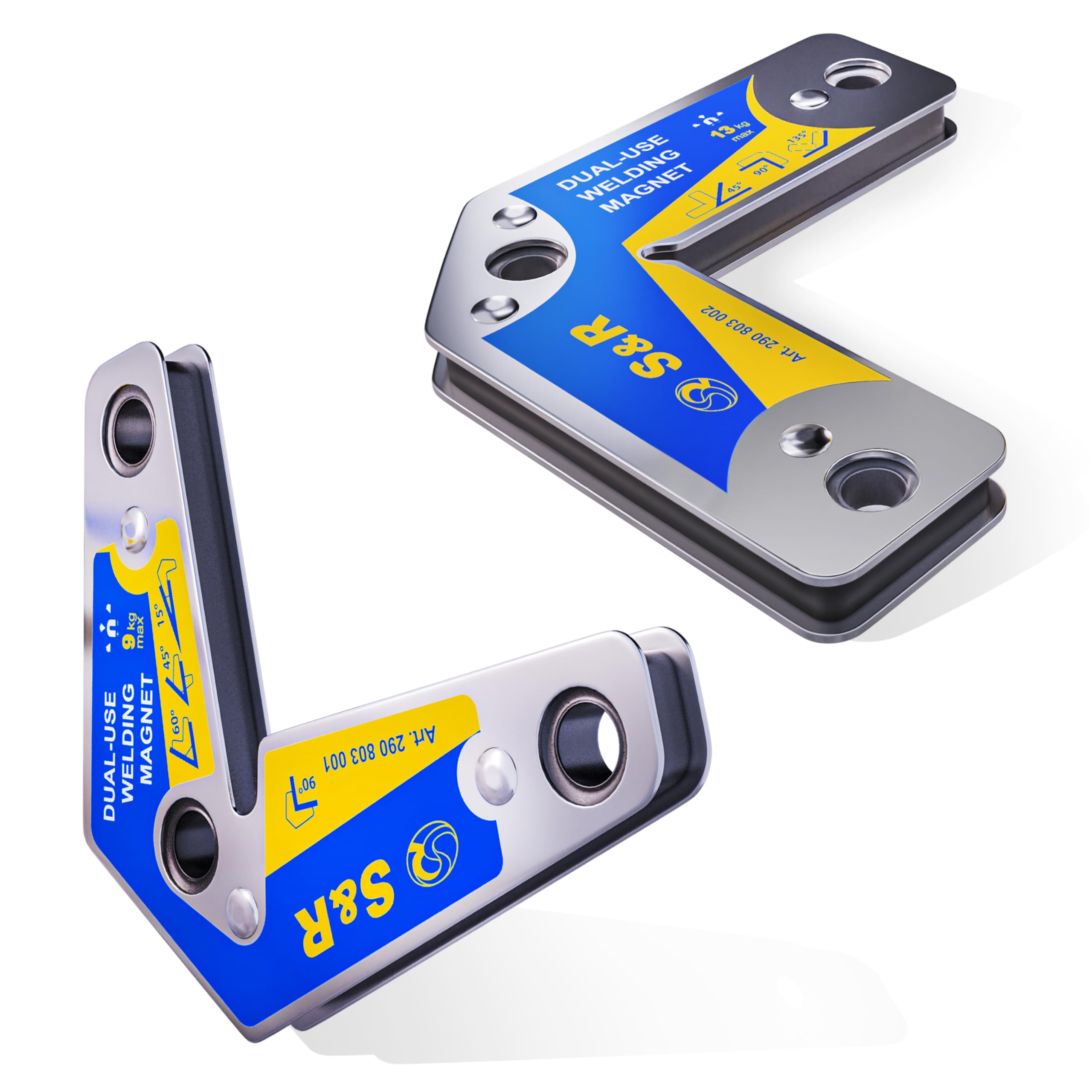 S&R Welding Magnet Set with Angles 15° 45° 60° 90° 120° 135° 165°, 2-pieces, holding force up to 9 KG and up to 13 KG