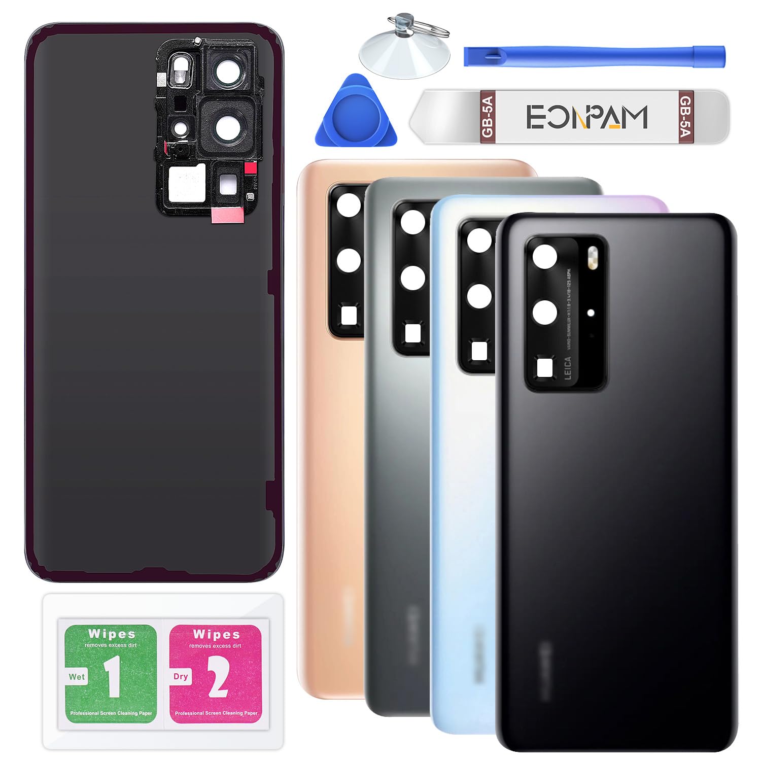 Eonpam Back Cover Glass for Huawei P40 Pro Rear Glass Replacement with Camera Lens + Repair Kit Genuine Rear Housing（Black）