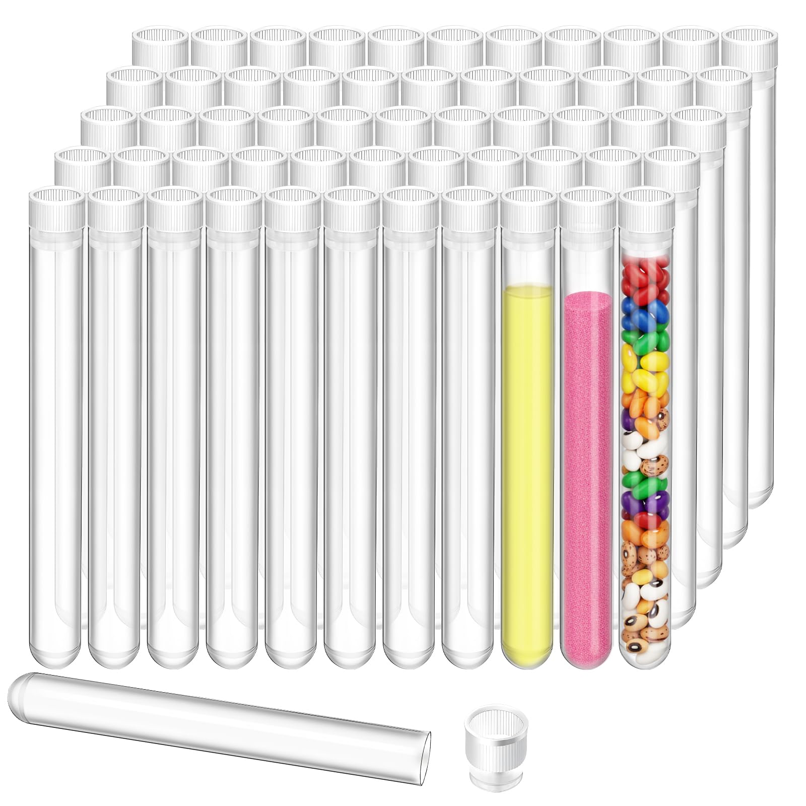 Photo 1 of 100 Pcs Plastic Test Tubes with Caps, 16x150mm(25ml) Plastic Tube, Clear Test Tubes for Candy Seed Scientific Themed Birthday Party Supplies(White)