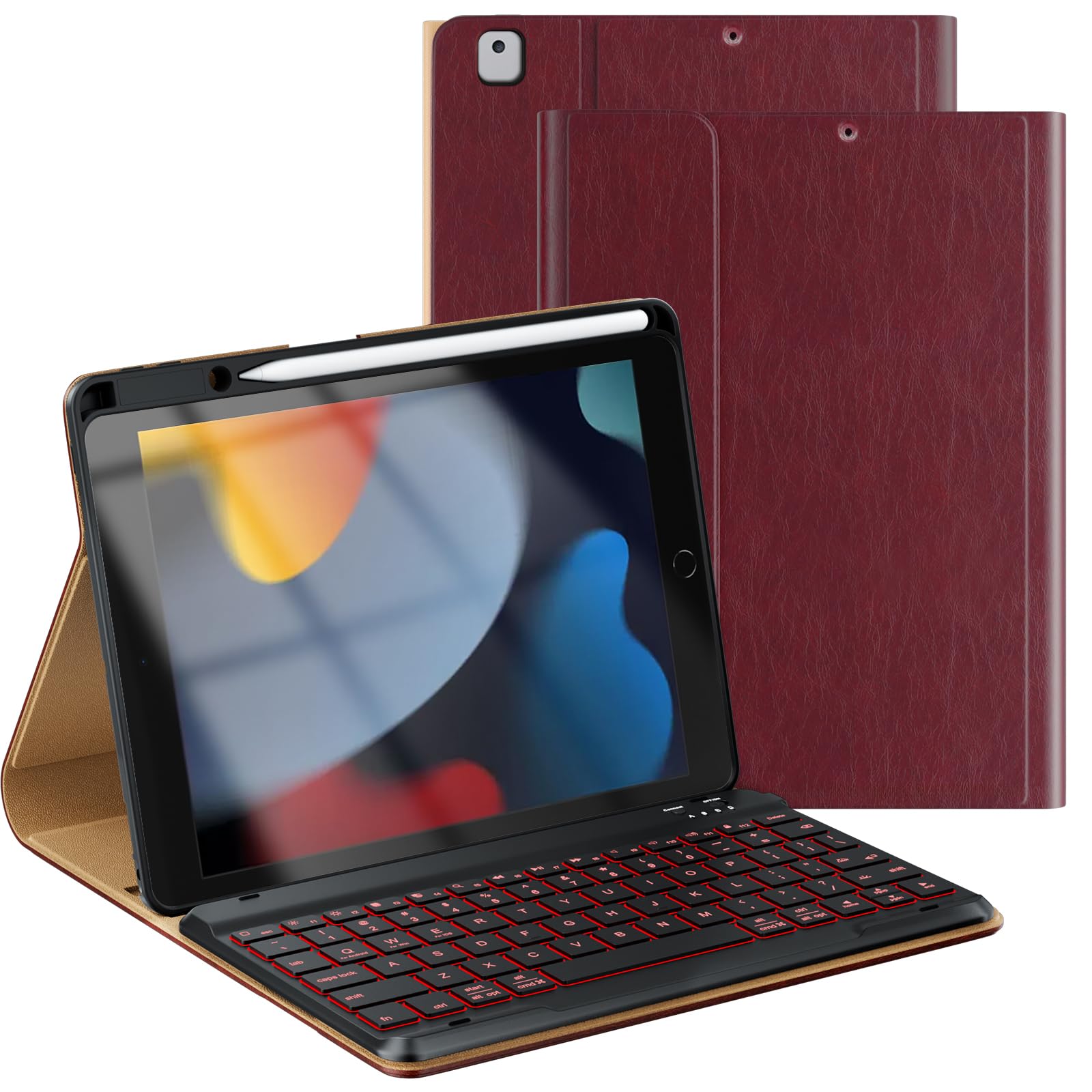 Photo 1 of OPAKIT Leather Keyboard Case for iPad 9th/8th/7th Generation 10.2 inch, iPad Pro 10.5-inch Air 3rd Case with Pencil Holder, 7 Color Backlight BT Keyboard (2021/2020/2019/2017), Wine