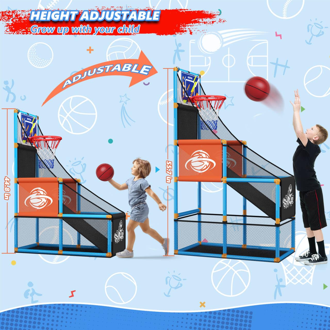 Arcade Basketball Game Set Boy Toys: Indoor Basketball Hoop with 4 Balls Outdoor Sports Toy for Kids 3-12 Years Old Adjustable Height with Air Pump Kid Party Games Birthday Gifts for Boys Girls Teens